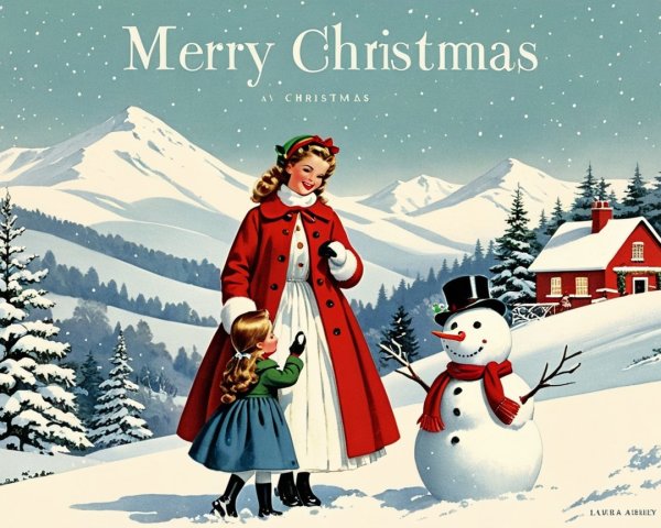 Vintage Illustration of Mother and Daughter in Snow