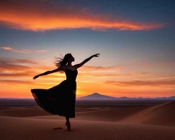 Woman Dancing on Sandy Dune at Sunset