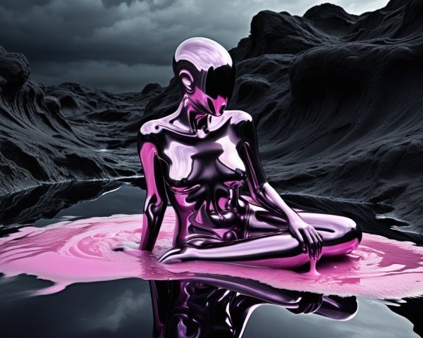 Metallic Figure on Vibrant Pink Surface with Dark Landscape