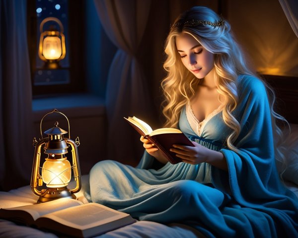 Cozy Room with Woman Reading by Lantern Light