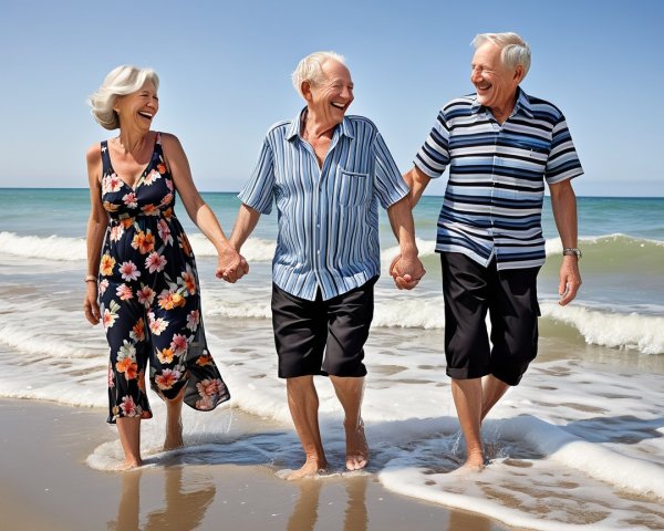 Elderly Friends Enjoying a Sunny Beach Walk