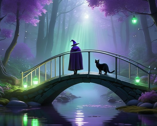 Cloaked Figure on Stone Bridge in Mystical Forest
