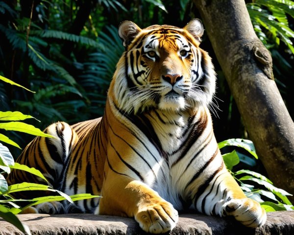 Majestic tiger resting on stone amidst lush greenery