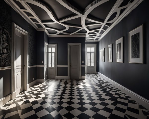 Spacious Hallway with Black and White Checkered Floor
