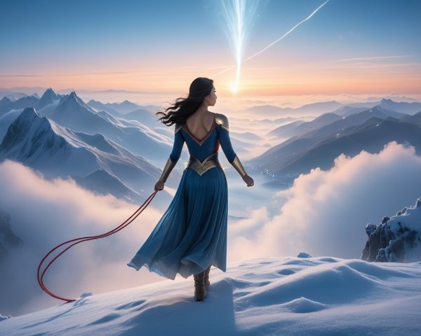 Heroic Figure on Snowy Mountaintop in Vibrant Costume