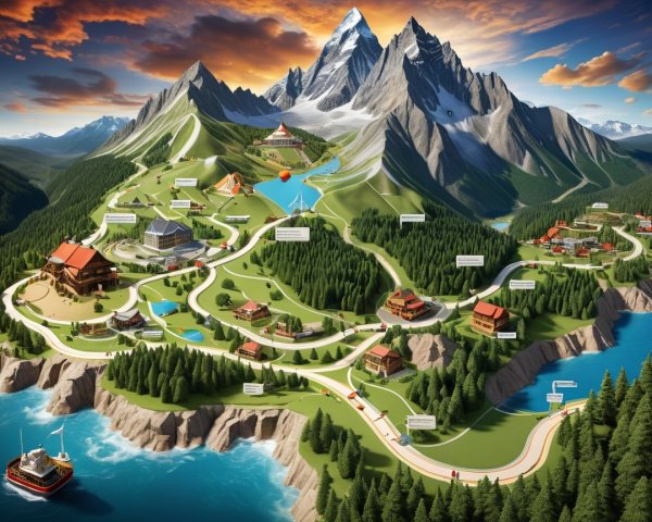 Vibrant Landscape with Mountains, Valleys, and River