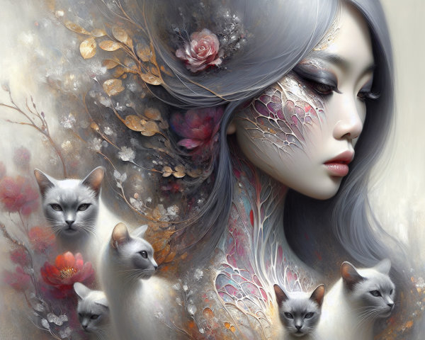 Ethereal Woman with Gray Hair and White Cats