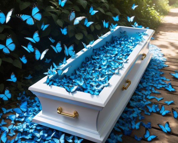 Open White Coffin Surrounded by Blue Butterflies
