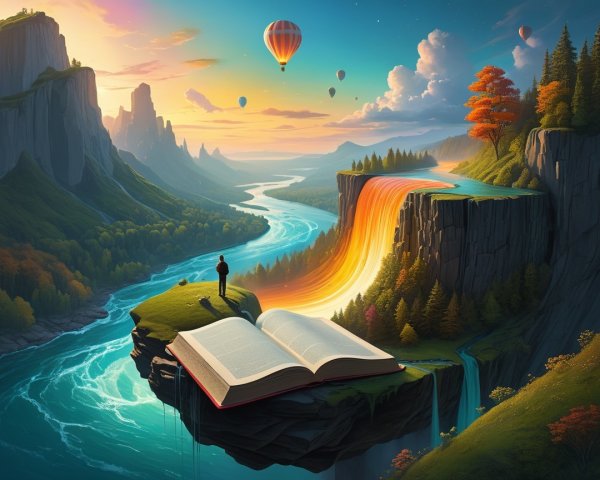 Giant Book with Waterfalls and Hot Air Balloons Scene