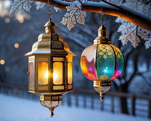 Lanterns on Snow-Covered Tree Branch in Winter Scene