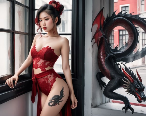 Woman in Red Lingerie with Dragon Tattoo and Sculpture