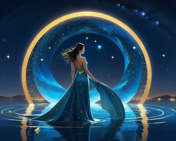 Serene Figure in Water Under Moonlit Sky