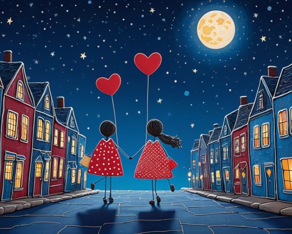 Whimsical Digital Painting of Two Figures at Night