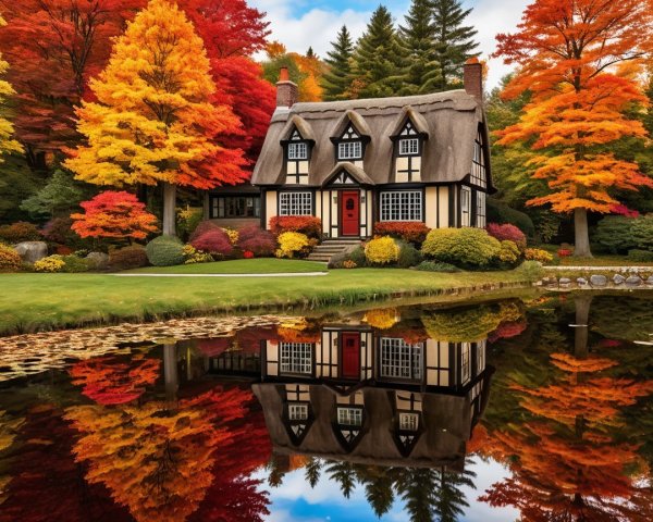 Thatched-Roof Cottage in Vibrant Autumn Landscape