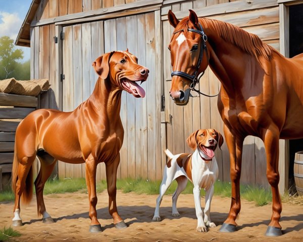 Farm Scene with Dogs and a Horse Near a Barn