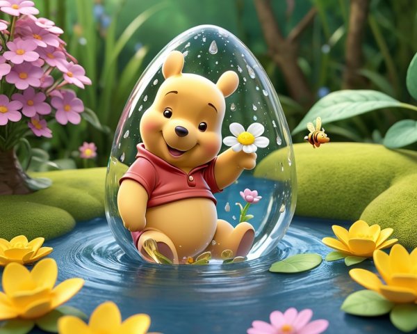 Cheerful bear in a whimsical garden with flowers and bee