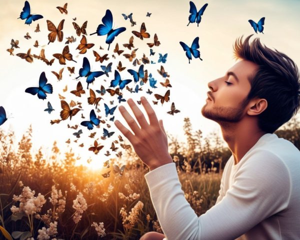 Serene Sunset Scene with Young Man and Butterflies