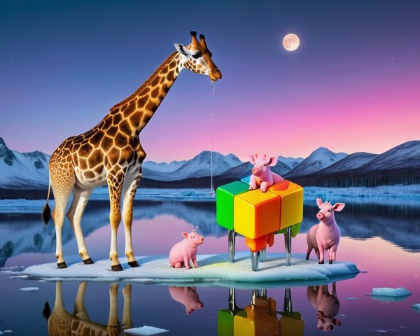 Giraffe and Pigs on Colorful Ice Floe Landscape
