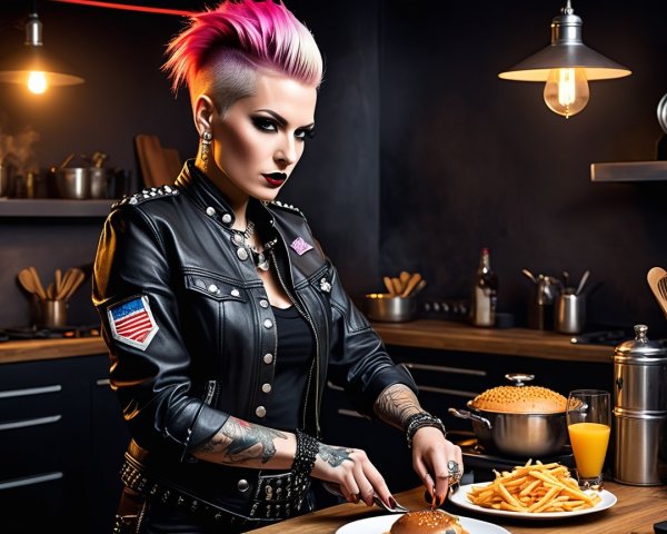 Punk-Inspired Woman Enjoys Gourmet Burger in Kitchen