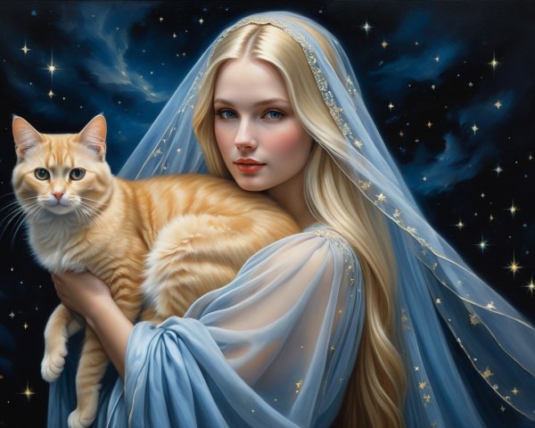 Serene Woman in Starry Gown with Orange Cat Under Stars