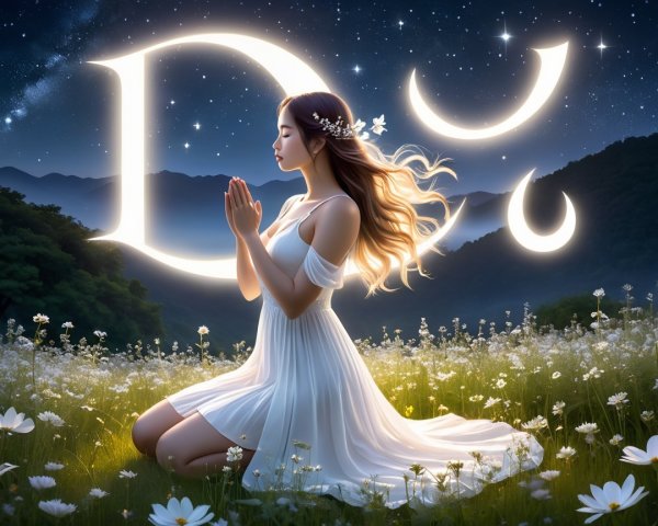 Young Woman in White Dress Among Daisies at Night