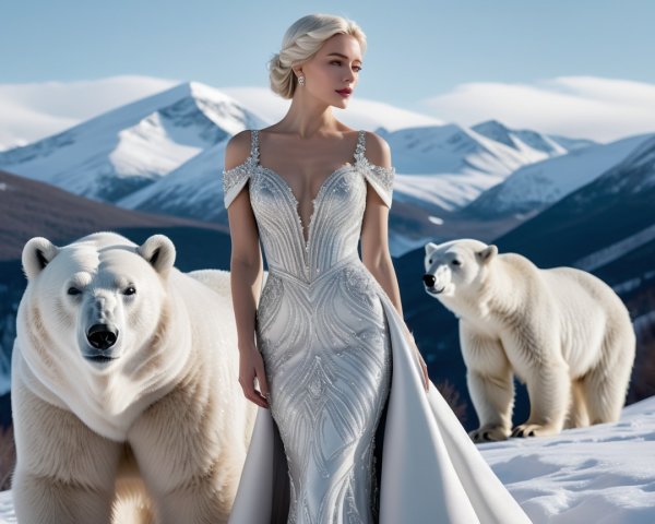 Elegant Woman in Silver Gown with Polar Bears