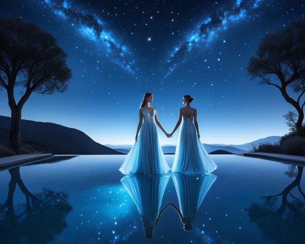 Elegant Figures in Blue Gowns by a Starry Pool