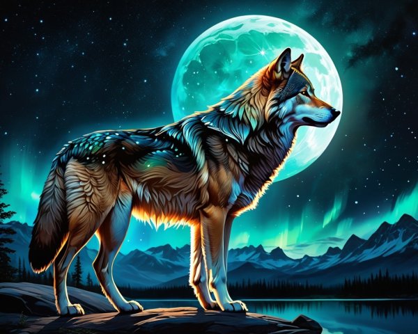 Wolf Silhouetted by Full Moon and Northern Lights