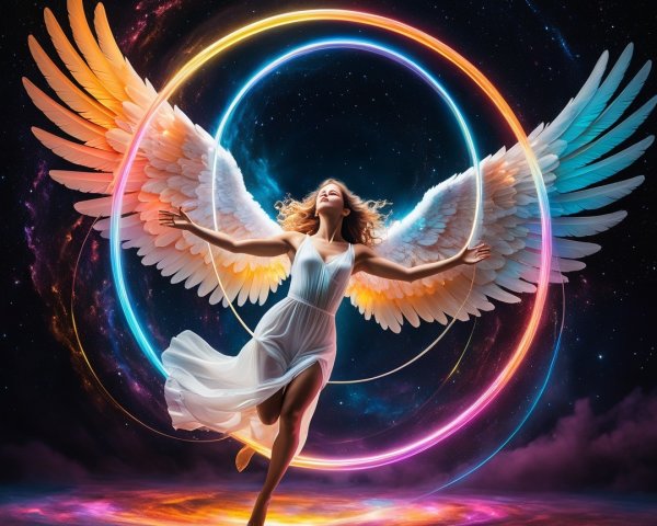 Celestial Figure with Angelic Wings in Cosmic Dance
