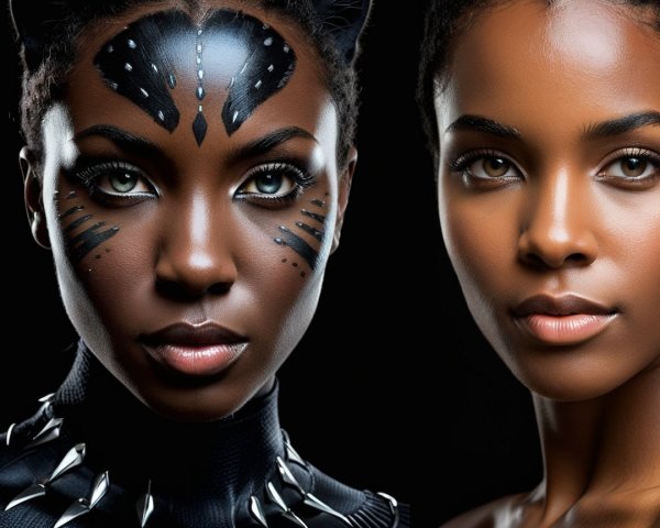 Split Image of Two Dark-Skinned Women with Tribal Markings