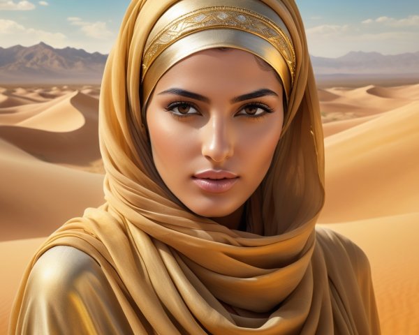 Young Woman in Golden Attire in Desert Landscape
