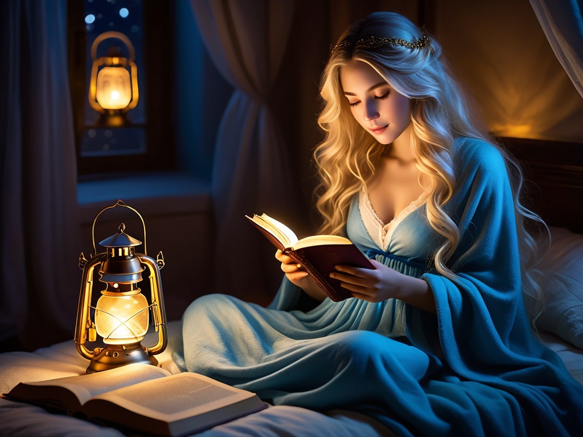 Cozy Room with Woman Reading by Lantern Light