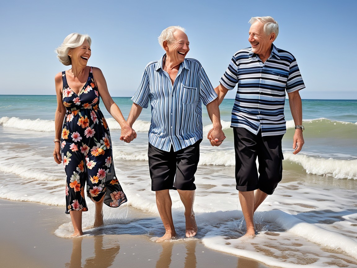 Elderly Friends Enjoying a Sunny Beach Walk