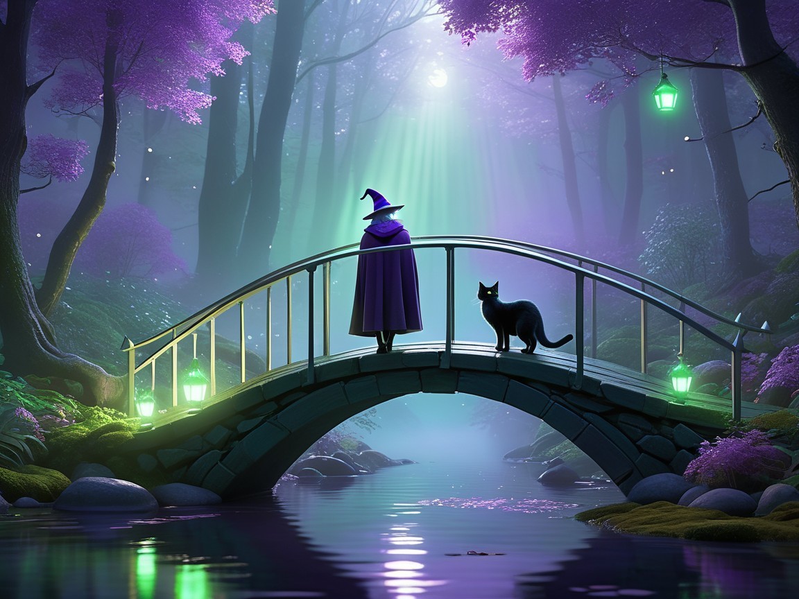 Cloaked Figure on Stone Bridge in Mystical Forest