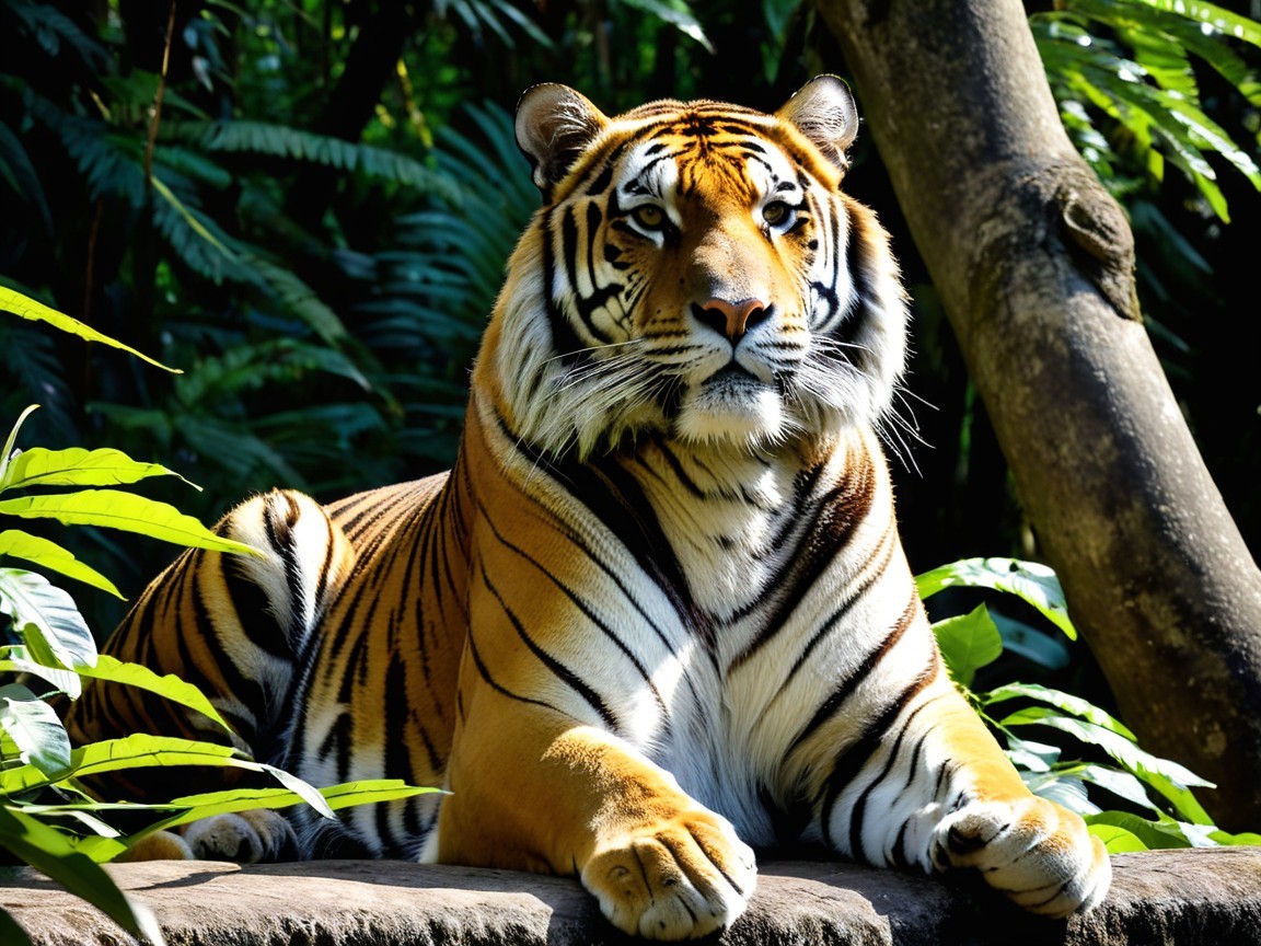 Majestic tiger resting on stone amidst lush greenery