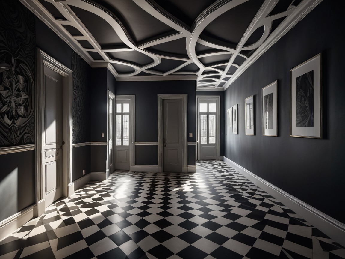 Spacious Hallway with Black and White Checkered Floor