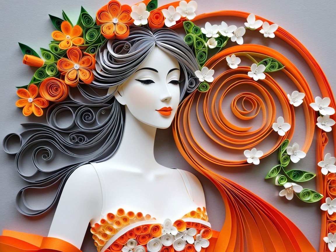 Paper Quilling Art of a Serene Woman with Flowers