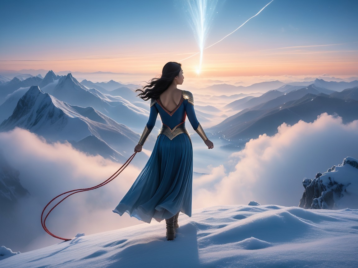 Heroic Figure on Snowy Mountaintop in Vibrant Costume