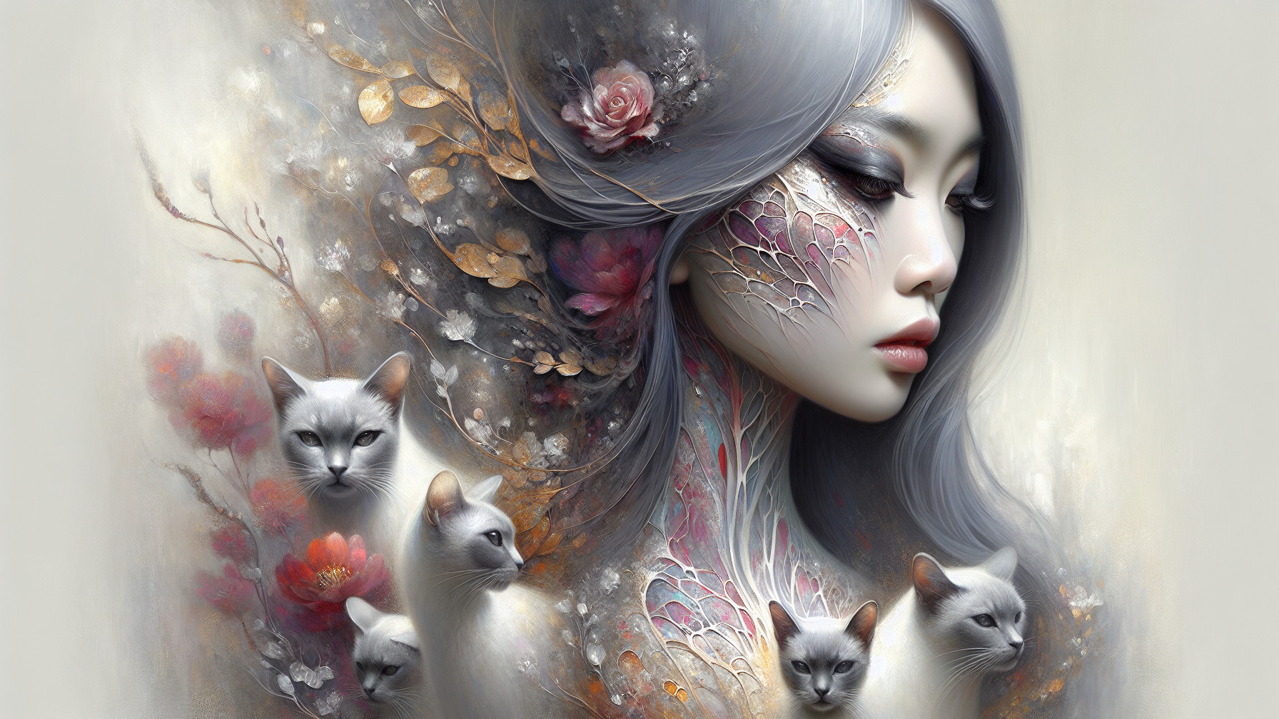 Ethereal Woman with Gray Hair and White Cats