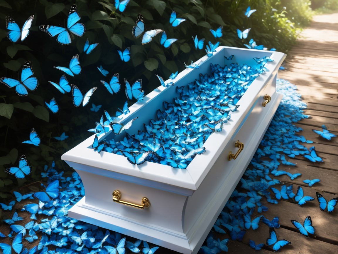 Open White Coffin Surrounded by Blue Butterflies