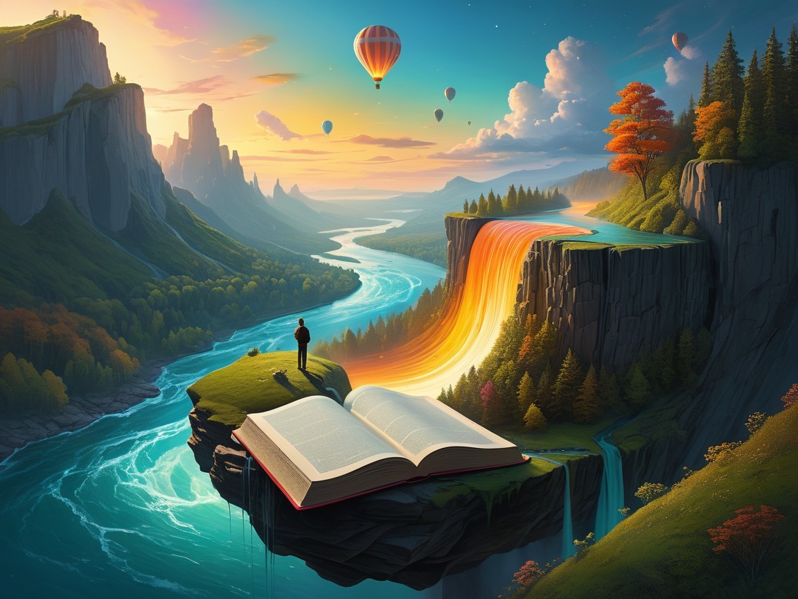 Giant Book with Waterfalls and Hot Air Balloons Scene