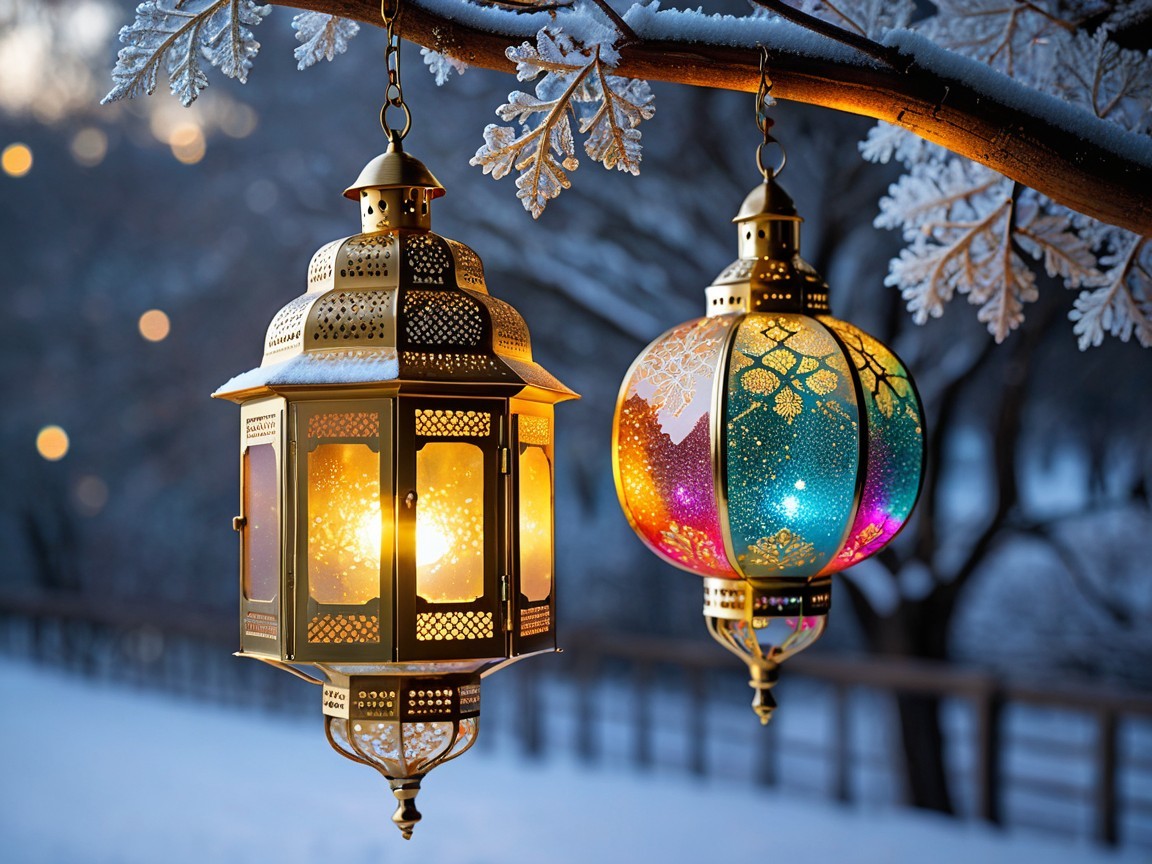 Lanterns on Snow-Covered Tree Branch in Winter Scene