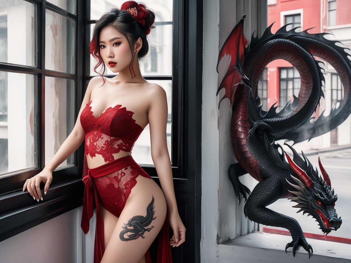 Woman in Red Lingerie with Dragon Tattoo and Sculpture