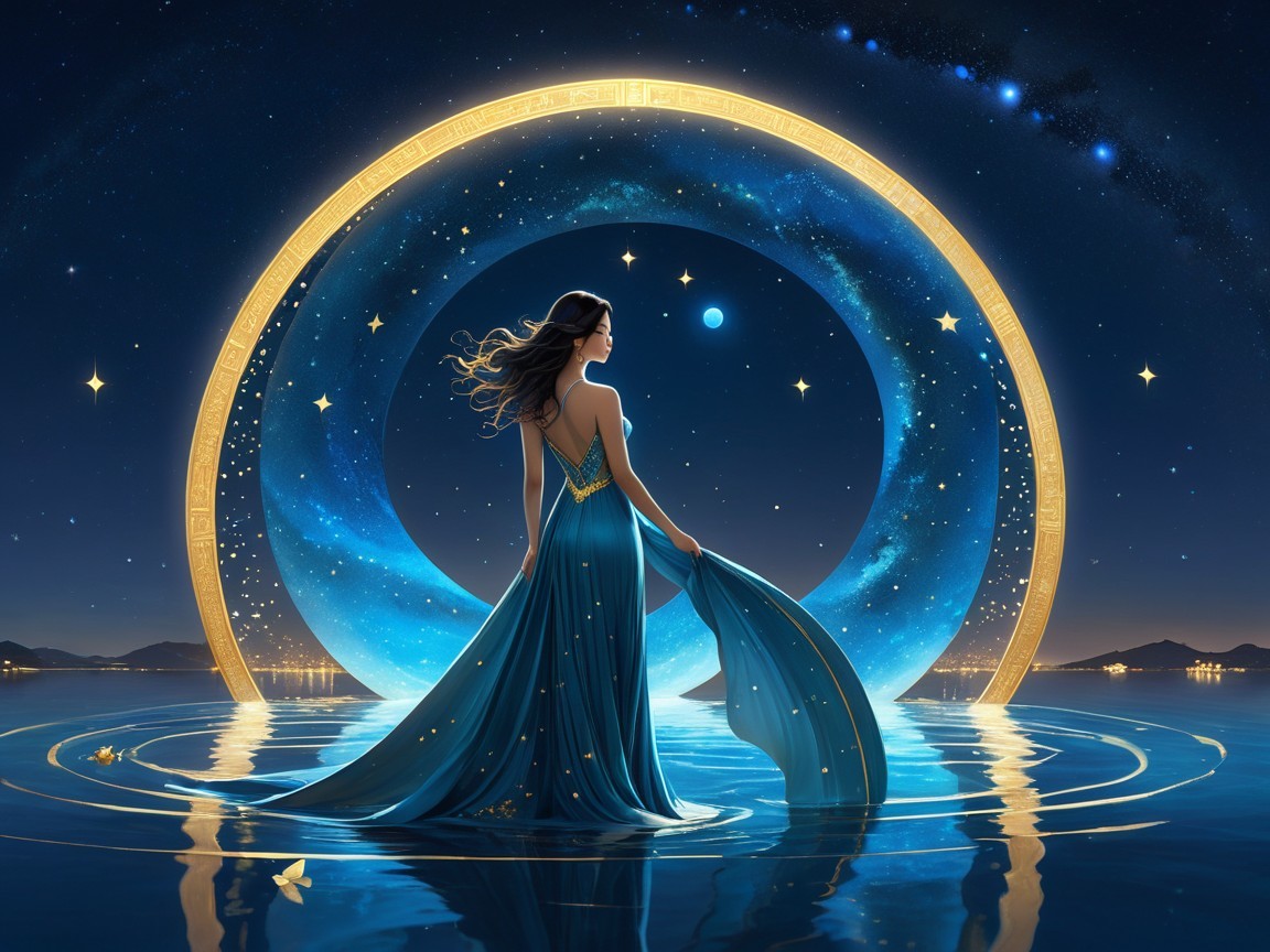 Serene Figure in Water Under Moonlit Sky