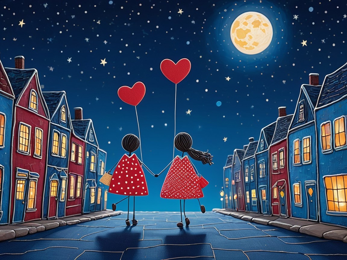 Whimsical Digital Painting of Two Figures at Night