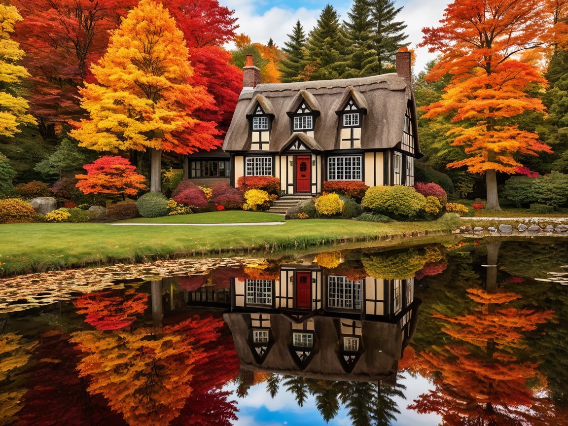 Thatched-Roof Cottage in Vibrant Autumn Landscape