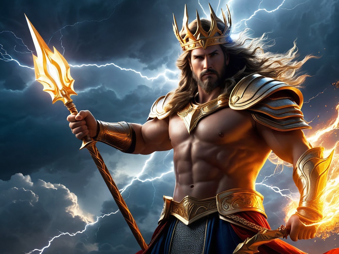 Majestic King in Armor with Trident and Lightning