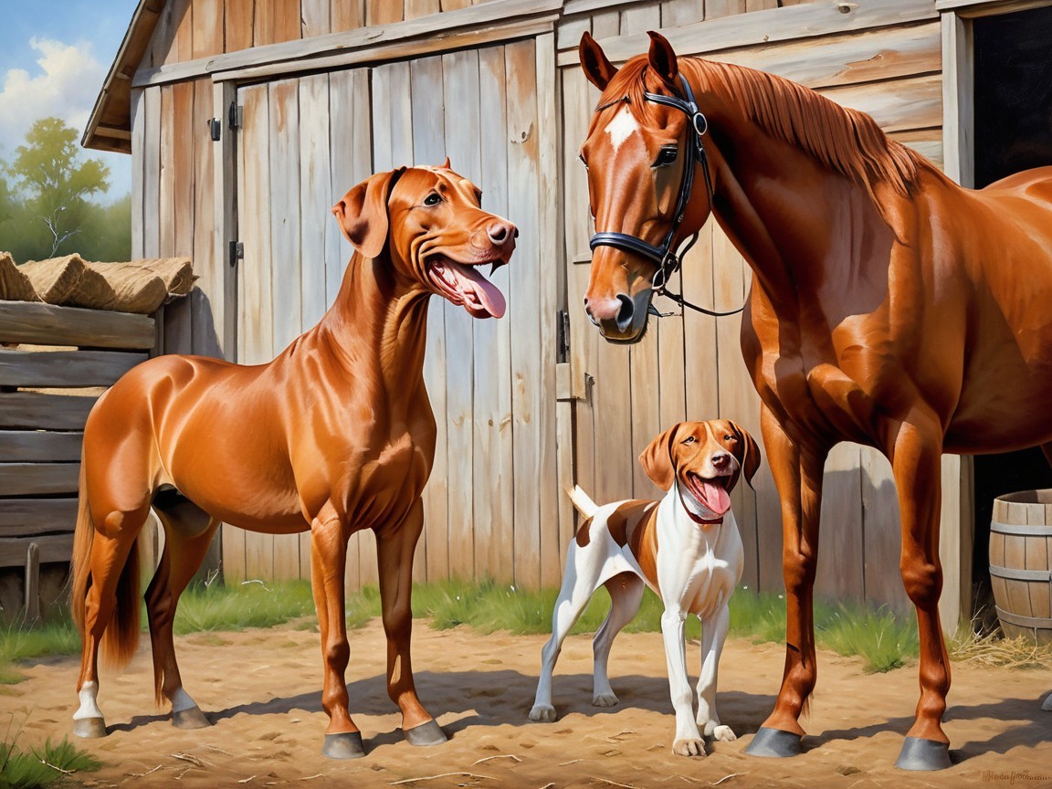 Farm Scene with Dogs and a Horse Near a Barn