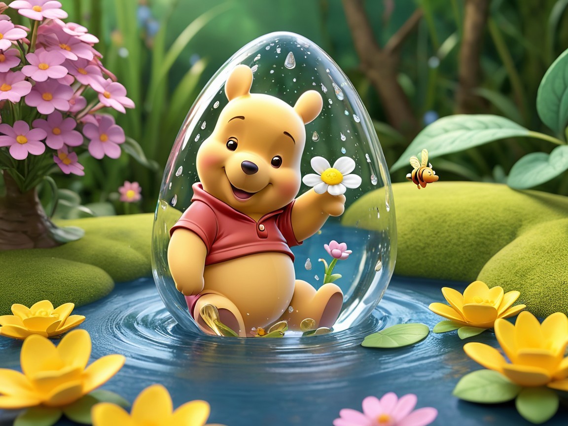 Cheerful bear in a whimsical garden with flowers and bee