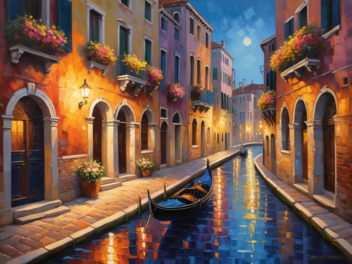 Venetian Canal at Night with Gondola and Streetlights